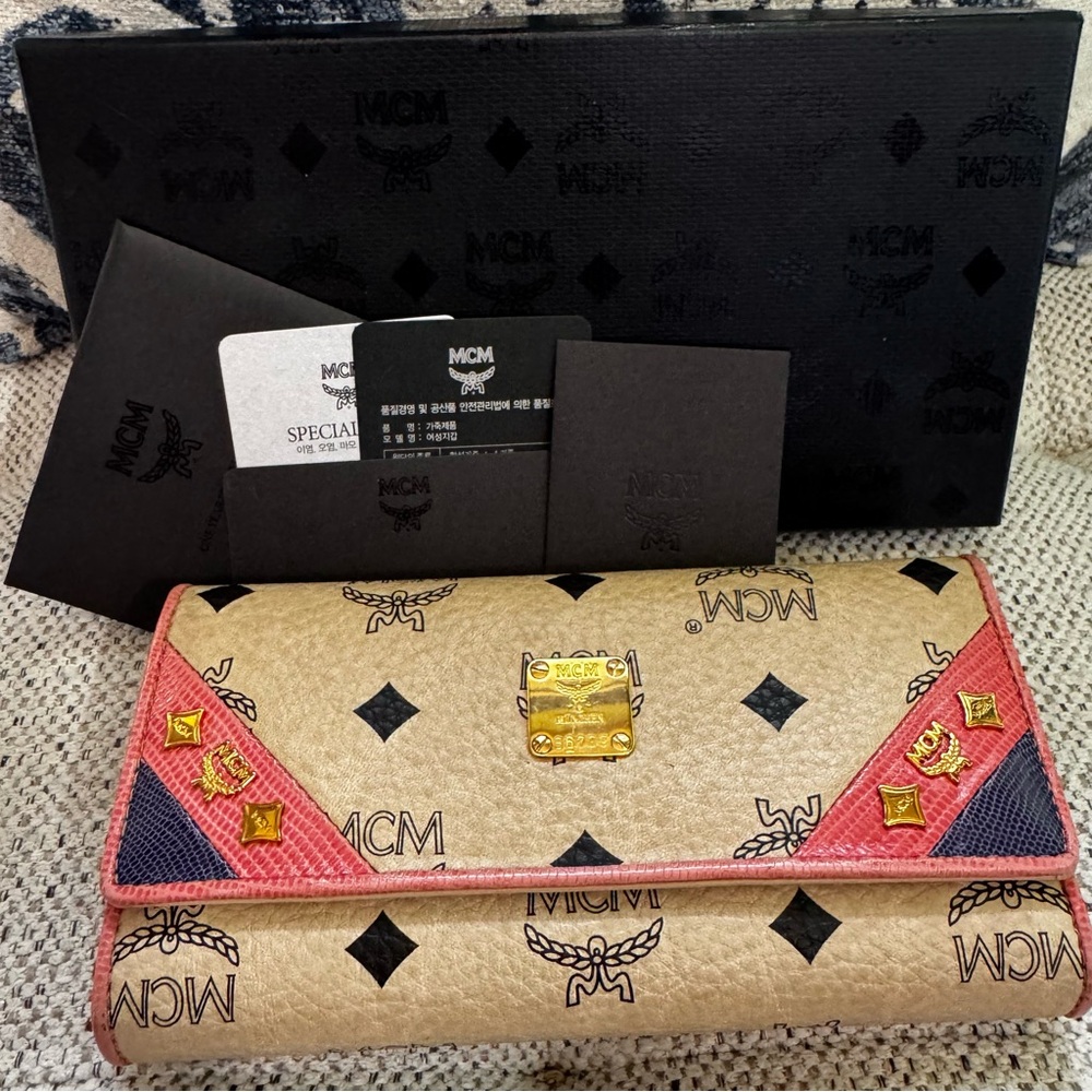 MCM Cream and Pink Clutch with Signature Monogram